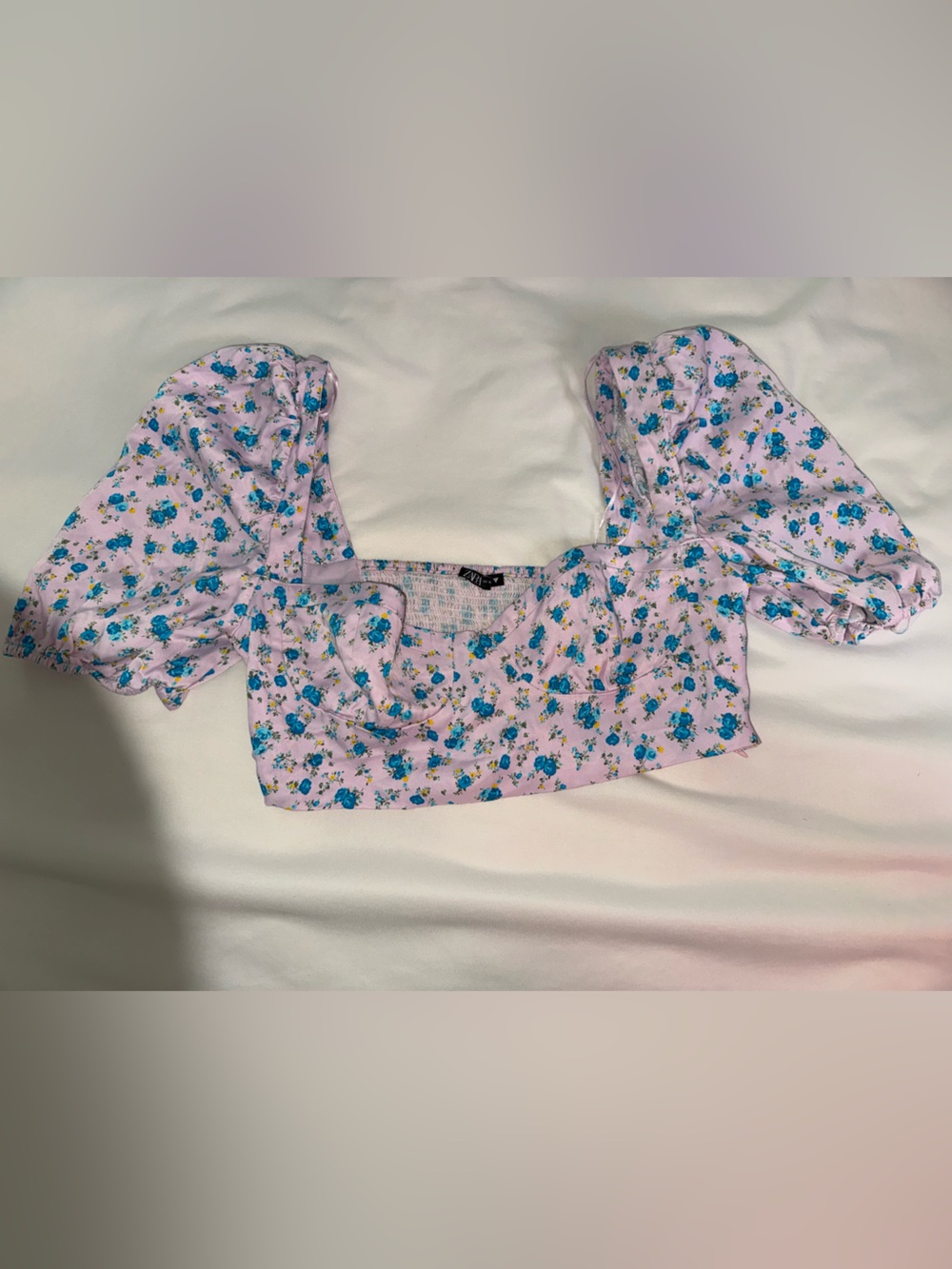 Kids Floral Puff-Sleeve Pajama Top - Pink with Blue Flowers